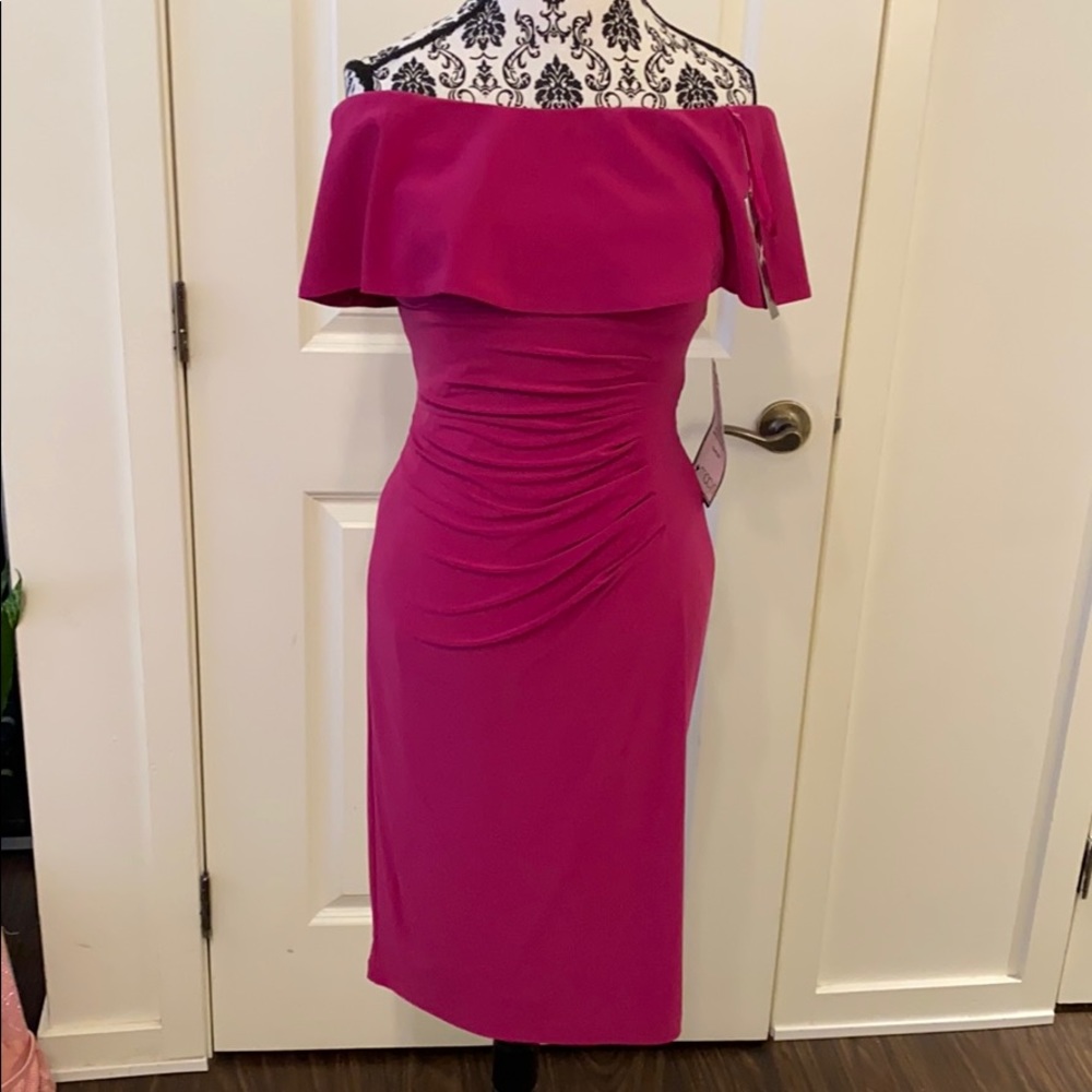Xscape Off-Shoulder Fuchsia Midi Dress